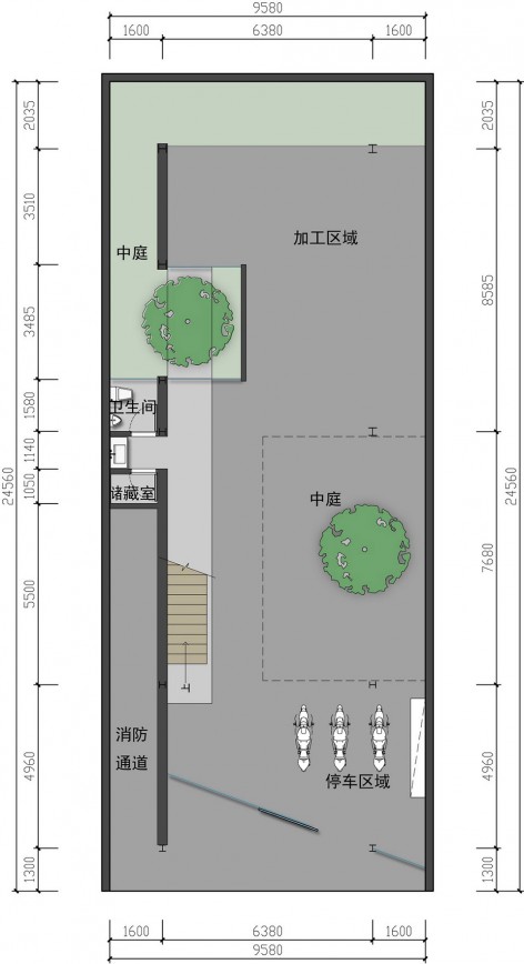 原有空间间隔与两幢厂房之间