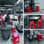 red plastic stools